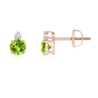 4mm AAA Basket-Set Round Peridot Stud Earrings with Diamond in Rose Gold