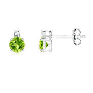 4mm AAA Basket-Set Round Peridot Stud Earrings with Diamond in S999 Silver
