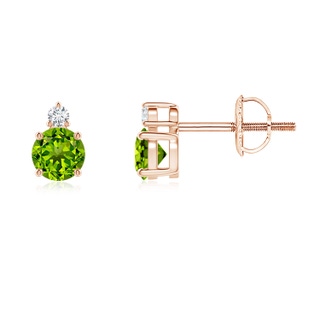 4mm AAAA Basket-Set Round Peridot Stud Earrings with Diamond in 9K Rose Gold
