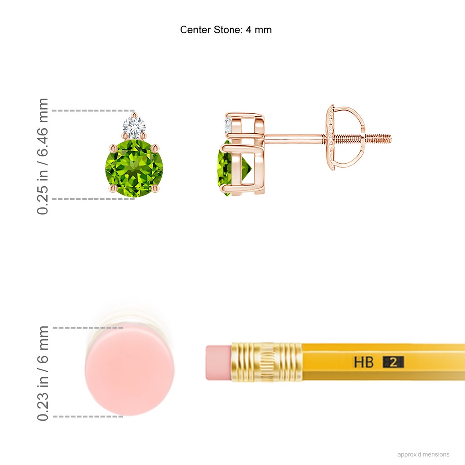 4mm AAAA Basket-Set Round Peridot Stud Earrings with Diamond in Rose Gold ruler