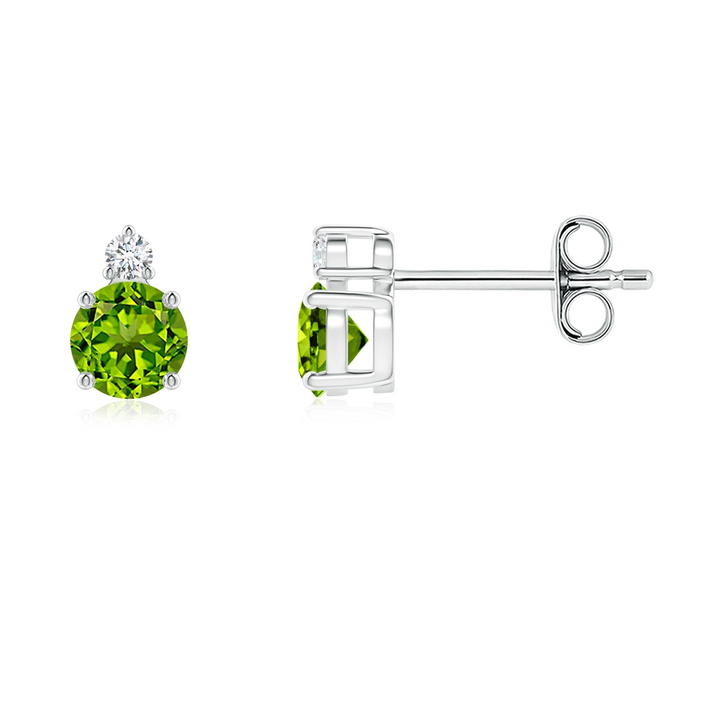 4mm AAAA Basket-Set Round Peridot Stud Earrings with Diamond in S999 Silver