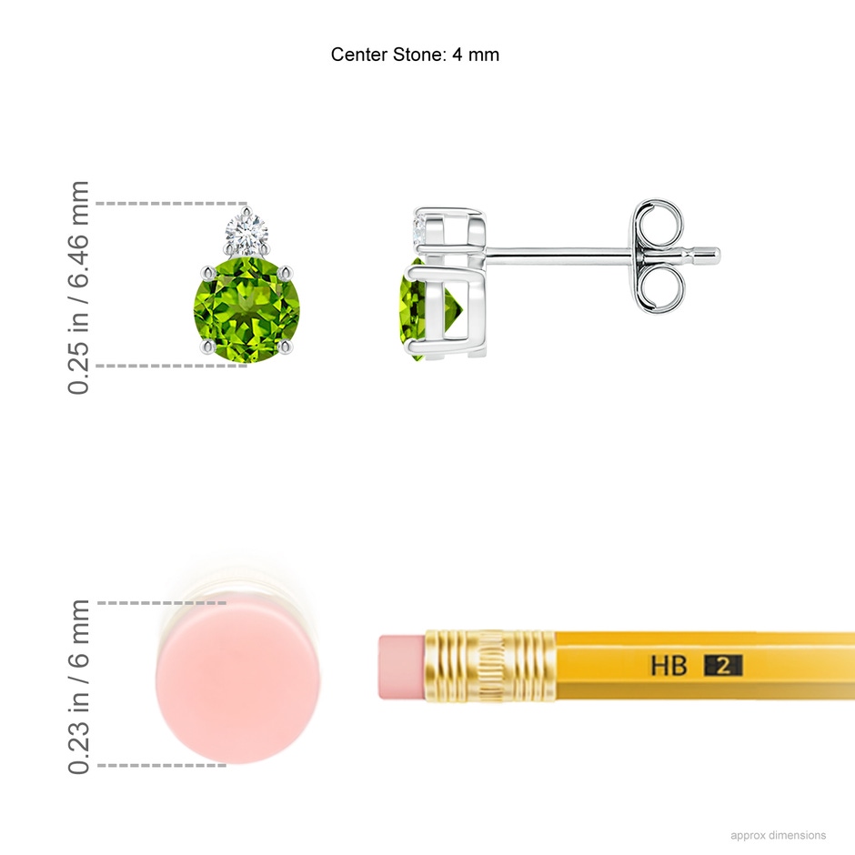 4mm AAAA Basket-Set Round Peridot Stud Earrings with Diamond in S999 Silver ruler