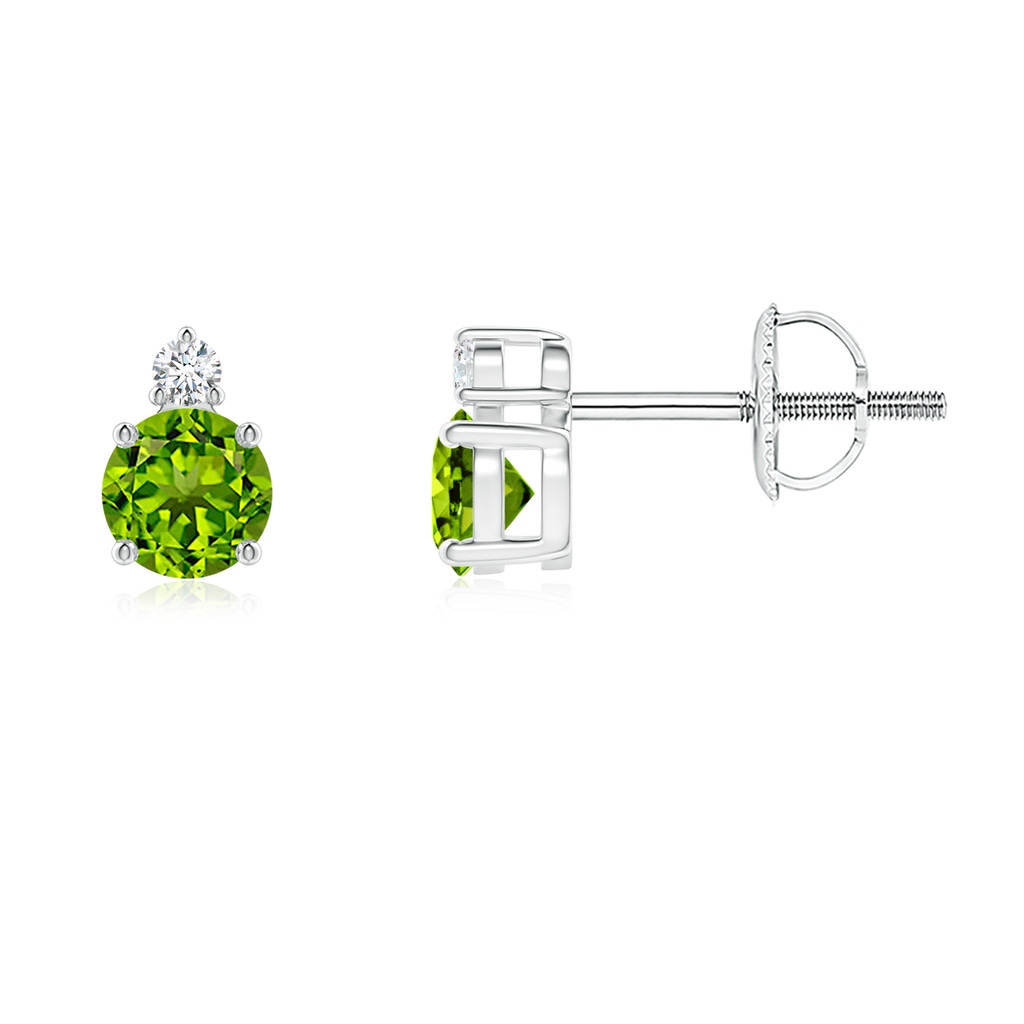 4mm AAAA Basket-Set Round Peridot Stud Earrings with Diamond in White Gold