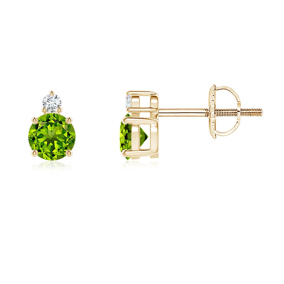 4mm AAAA Basket-Set Round Peridot Stud Earrings with Diamond in Yellow Gold 