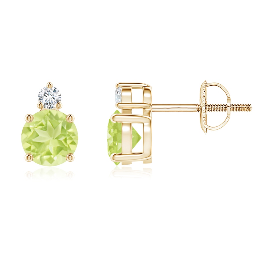5mm A Basket-Set Round Peridot Stud Earrings with Diamond in Yellow Gold 