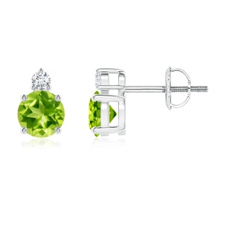 5mm AAA Basket-Set Round Peridot Stud Earrings with Diamond in White Gold