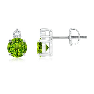 5mm AAAA Basket-Set Round Peridot Stud Earrings with Diamond in P950 Platinum