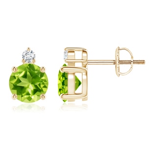 6mm AAA Basket-Set Round Peridot Stud Earrings with Diamond in Yellow Gold