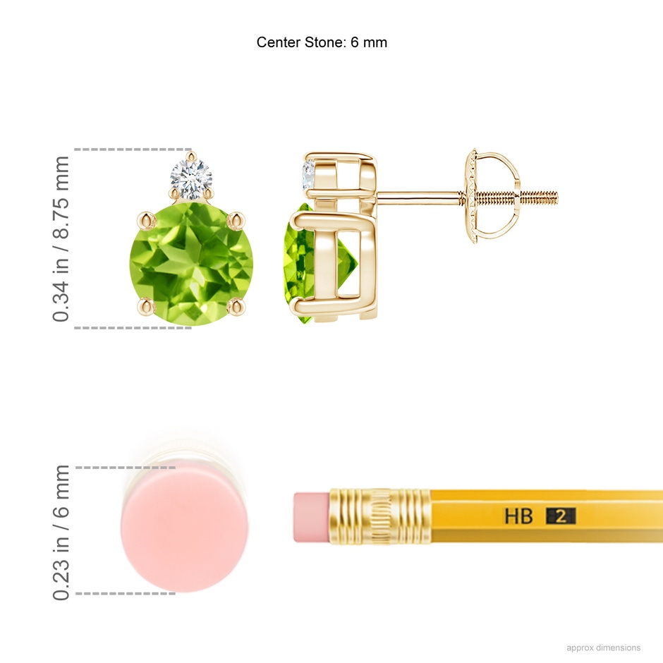 6mm AAA Basket-Set Round Peridot Stud Earrings with Diamond in Yellow Gold ruler