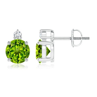 6mm AAAA Basket-Set Round Peridot Stud Earrings with Diamond in P950 Platinum