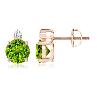 6mm AAAA Basket-Set Round Peridot Stud Earrings with Diamond in Rose Gold