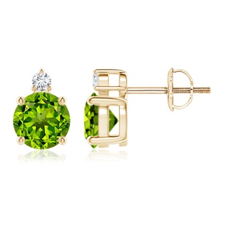6mm AAAA Basket-Set Round Peridot Stud Earrings with Diamond in Yellow Gold