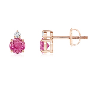 4mm AAA Basket-Set Round Pink Sapphire Stud Earrings with Diamond in 9K Rose Gold