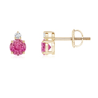 4mm AAA Basket-Set Round Pink Sapphire Stud Earrings with Diamond in Yellow Gold