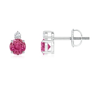 4mm AAAA Basket-Set Round Pink Sapphire Stud Earrings with Diamond in P950 Platinum