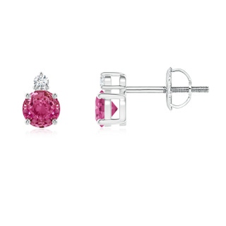 4mm AAAA Basket-Set Round Pink Sapphire Stud Earrings with Diamond in White Gold