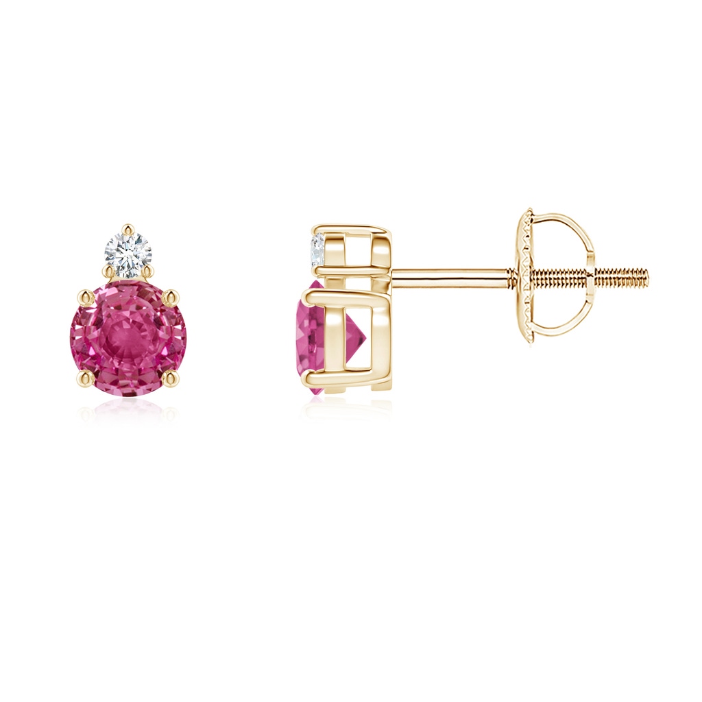 4mm AAAA Basket-Set Round Pink Sapphire Stud Earrings with Diamond in Yellow Gold