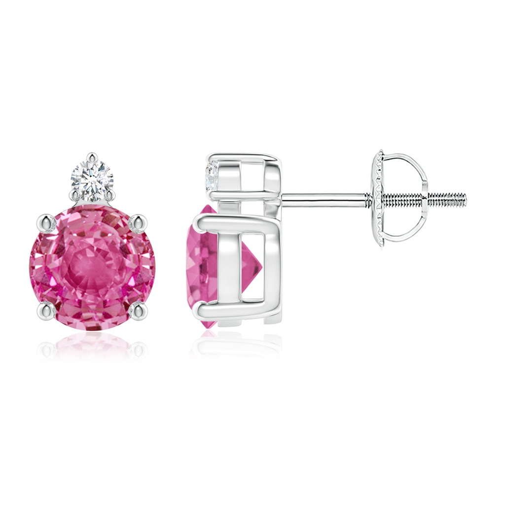 6mm AAA Basket-Set Round Pink Sapphire Stud Earrings with Diamond in White Gold 