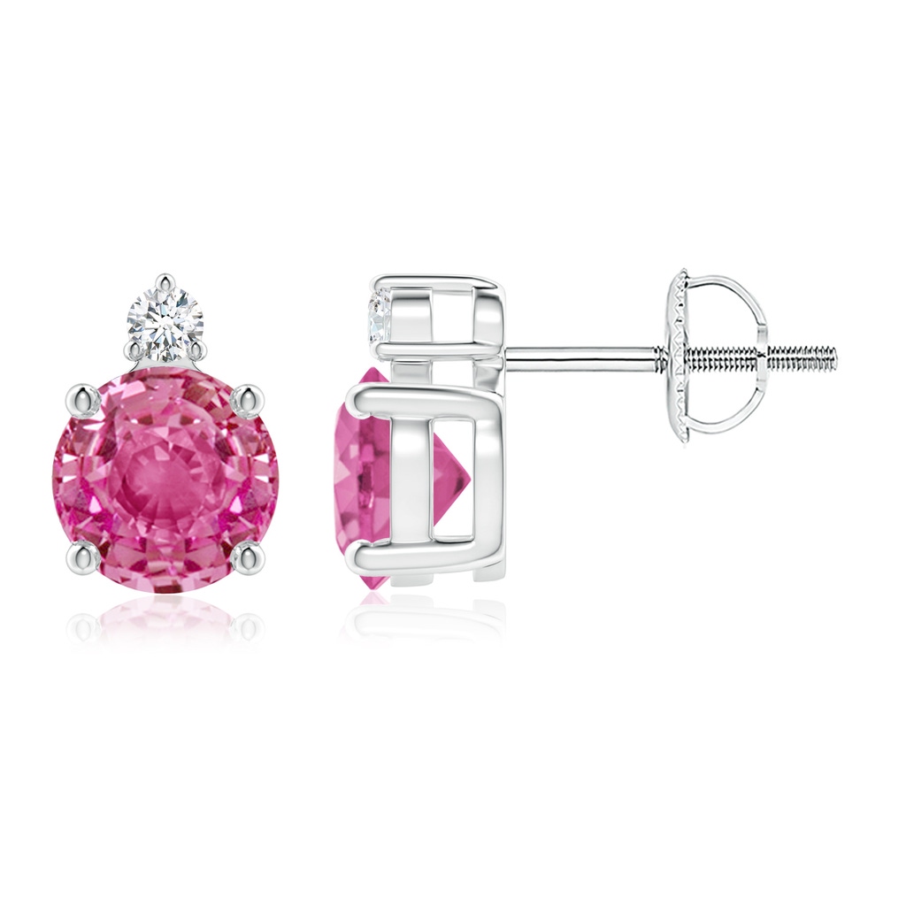 6mm AAA Basket-Set Round Pink Sapphire Stud Earrings with Diamond in White Gold