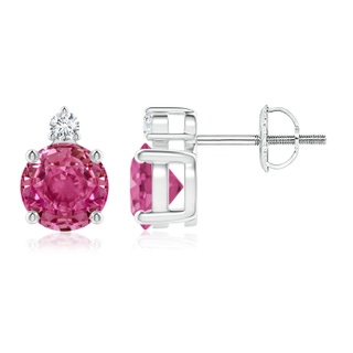 6mm AAAA Basket-Set Round Pink Sapphire Stud Earrings with Diamond in P950 Platinum