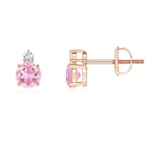 4mm A Basket-Set Round Pink Tourmaline Stud Earrings with Diamond in Rose Gold