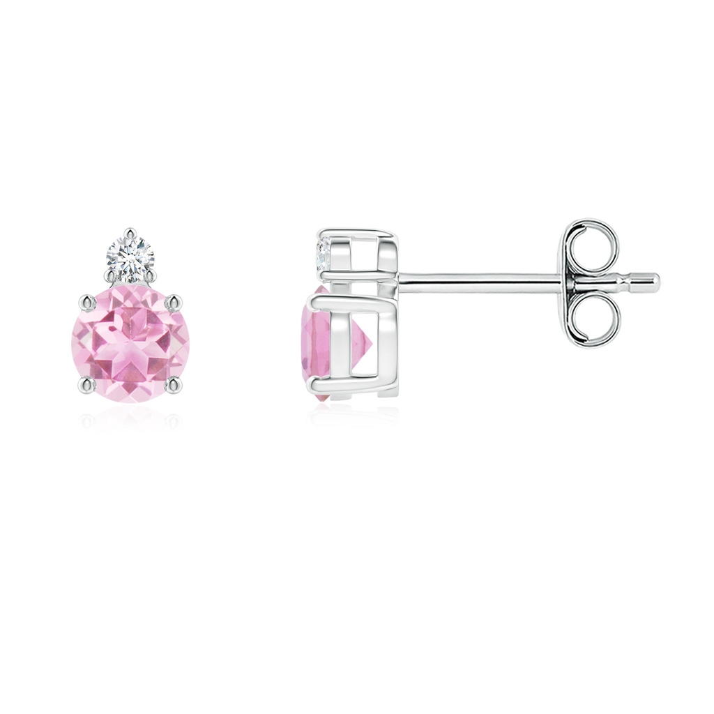4mm A Basket-Set Round Pink Tourmaline Stud Earrings with Diamond in S999 Silver