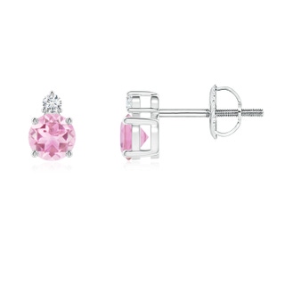 4mm A Basket-Set Round Pink Tourmaline Stud Earrings with Diamond in White Gold