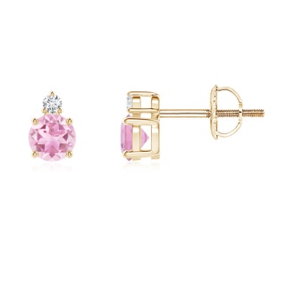 4mm A Basket-Set Round Pink Tourmaline Stud Earrings with Diamond in Yellow Gold