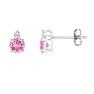 4mm AA Basket-Set Round Pink Tourmaline Stud Earrings with Diamond in S999 Silver