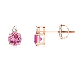 4mm AAA Basket-Set Round Pink Tourmaline Stud Earrings with Diamond in Rose Gold