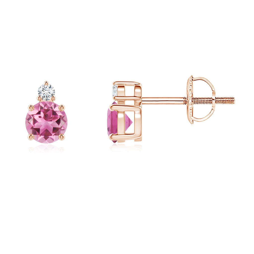 4mm AAA Basket-Set Round Pink Tourmaline Stud Earrings with Diamond in Rose Gold