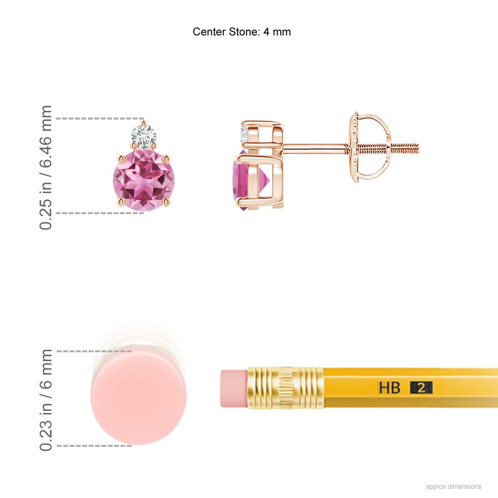 4mm AAA Basket-Set Round Pink Tourmaline Stud Earrings with Diamond in Rose Gold ruler