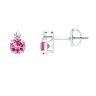 4mm AAA Basket-Set Round Pink Tourmaline Stud Earrings with Diamond in White Gold