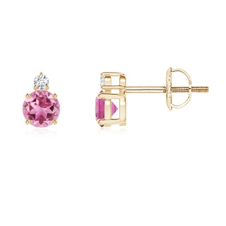 4mm AAA Basket-Set Round Pink Tourmaline Stud Earrings with Diamond in Yellow Gold