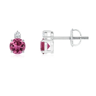 4mm AAAA Basket-Set Round Pink Tourmaline Stud Earrings with Diamond in P950 Platinum