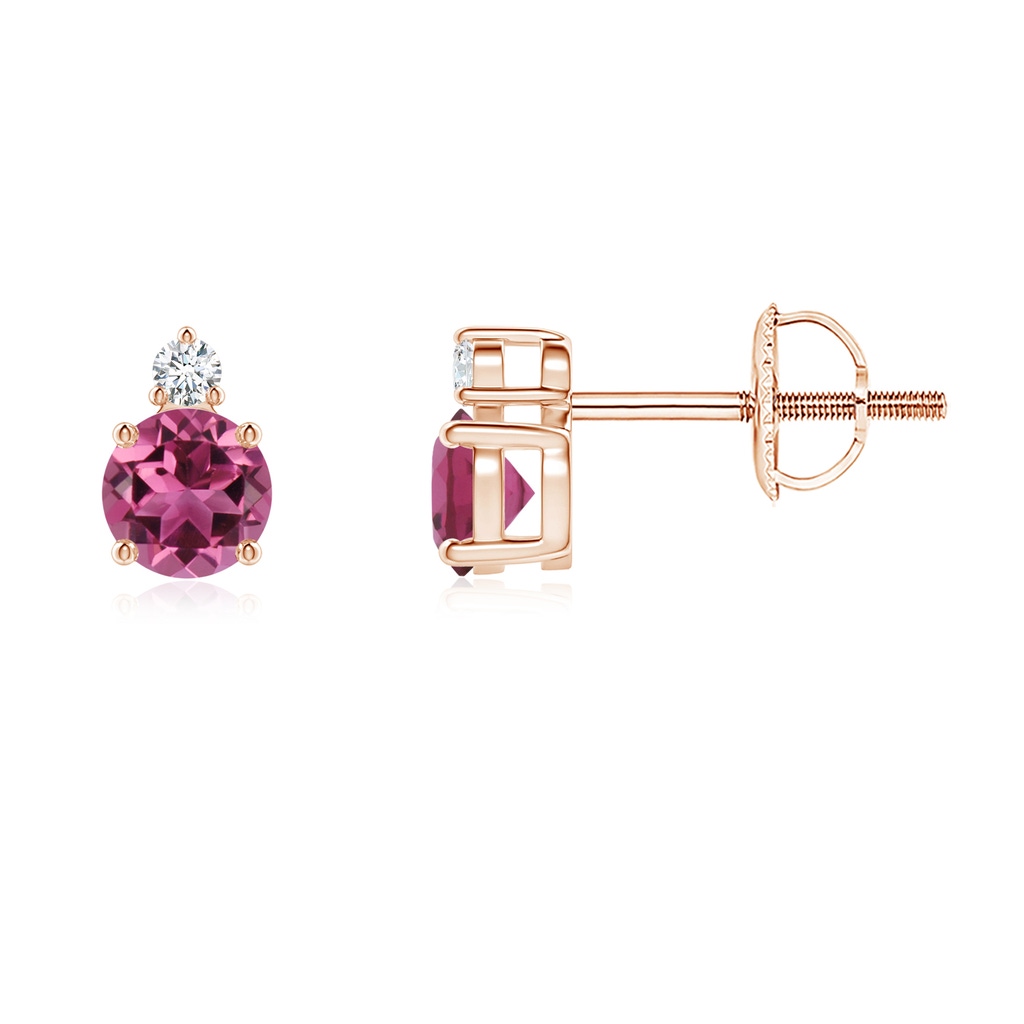 4mm AAAA Basket-Set Round Pink Tourmaline Stud Earrings with Diamond in Rose Gold