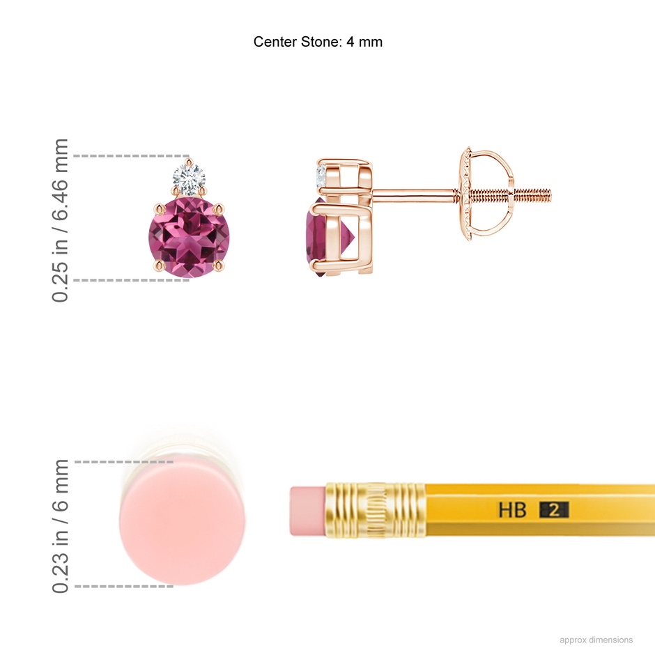 4mm AAAA Basket-Set Round Pink Tourmaline Stud Earrings with Diamond in Rose Gold ruler