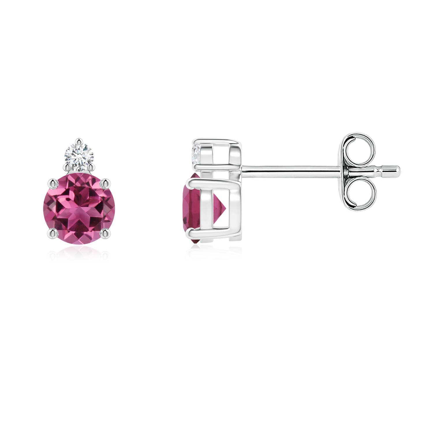 4mm AAAA Basket-Set Round Pink Tourmaline Stud Earrings with Diamond in S999 Silver