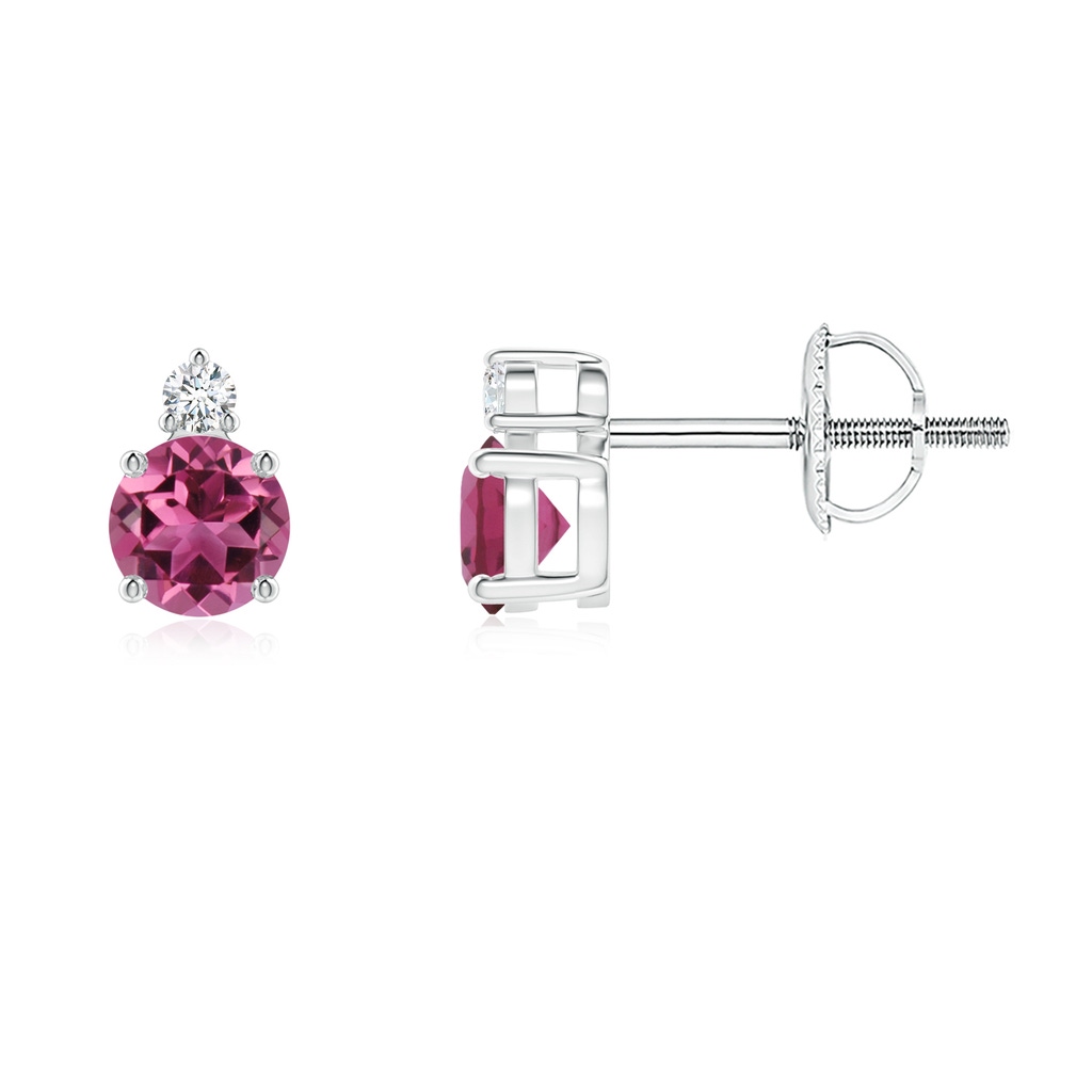 4mm AAAA Basket-Set Round Pink Tourmaline Stud Earrings with Diamond in White Gold