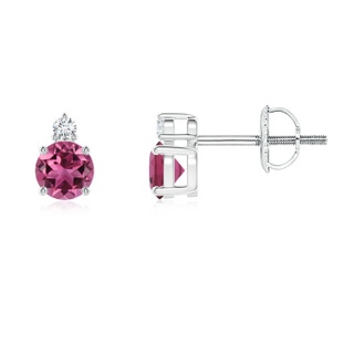 4mm AAAA Basket-Set Round Pink Tourmaline Stud Earrings with Diamond in White Gold