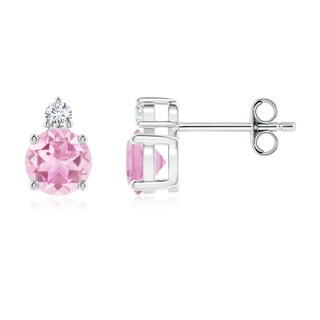 5mm A Basket-Set Round Pink Tourmaline Stud Earrings with Diamond in S999 Silver