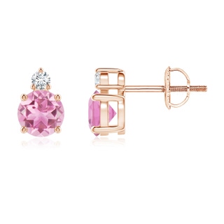 5mm AA Basket-Set Round Pink Tourmaline Stud Earrings with Diamond in Rose Gold