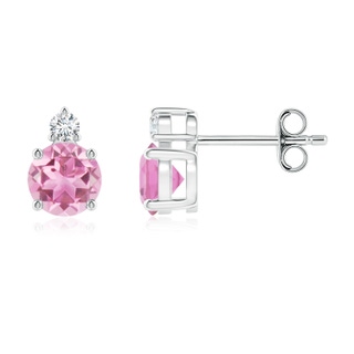 5mm AA Basket-Set Round Pink Tourmaline Stud Earrings with Diamond in S999 Silver
