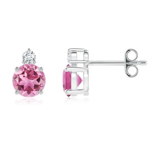 5mm AAA Basket-Set Round Pink Tourmaline Stud Earrings with Diamond in S999 Silver