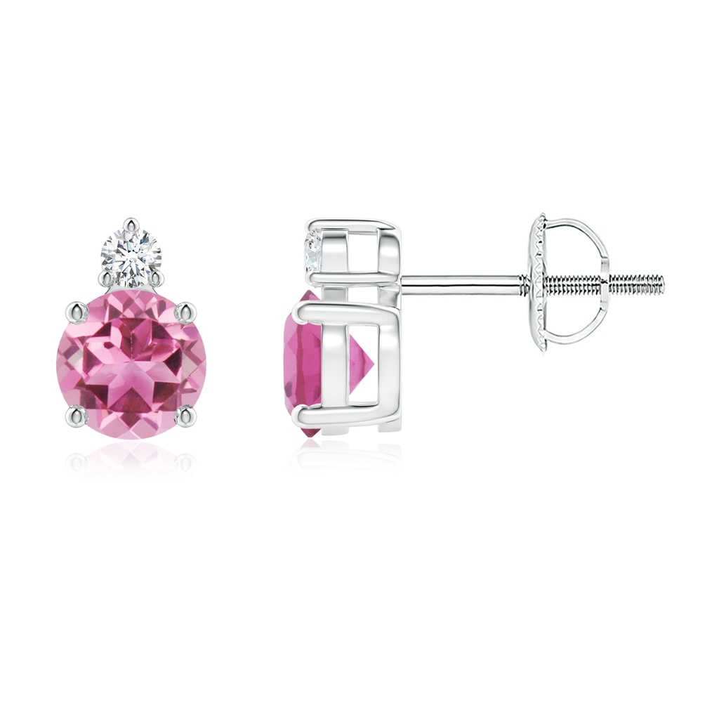 5mm AAA Basket-Set Round Pink Tourmaline Stud Earrings with Diamond in White Gold