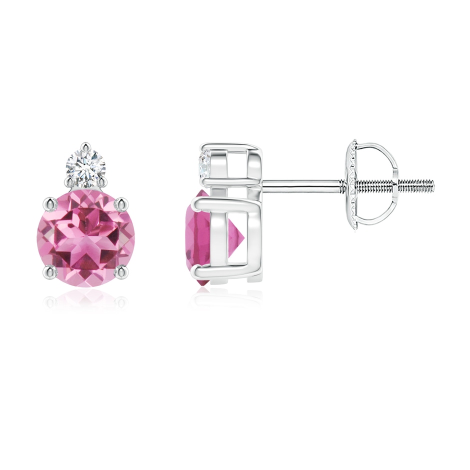 5mm AAA Basket-Set Round Pink Tourmaline Stud Earrings with Diamond in White Gold 