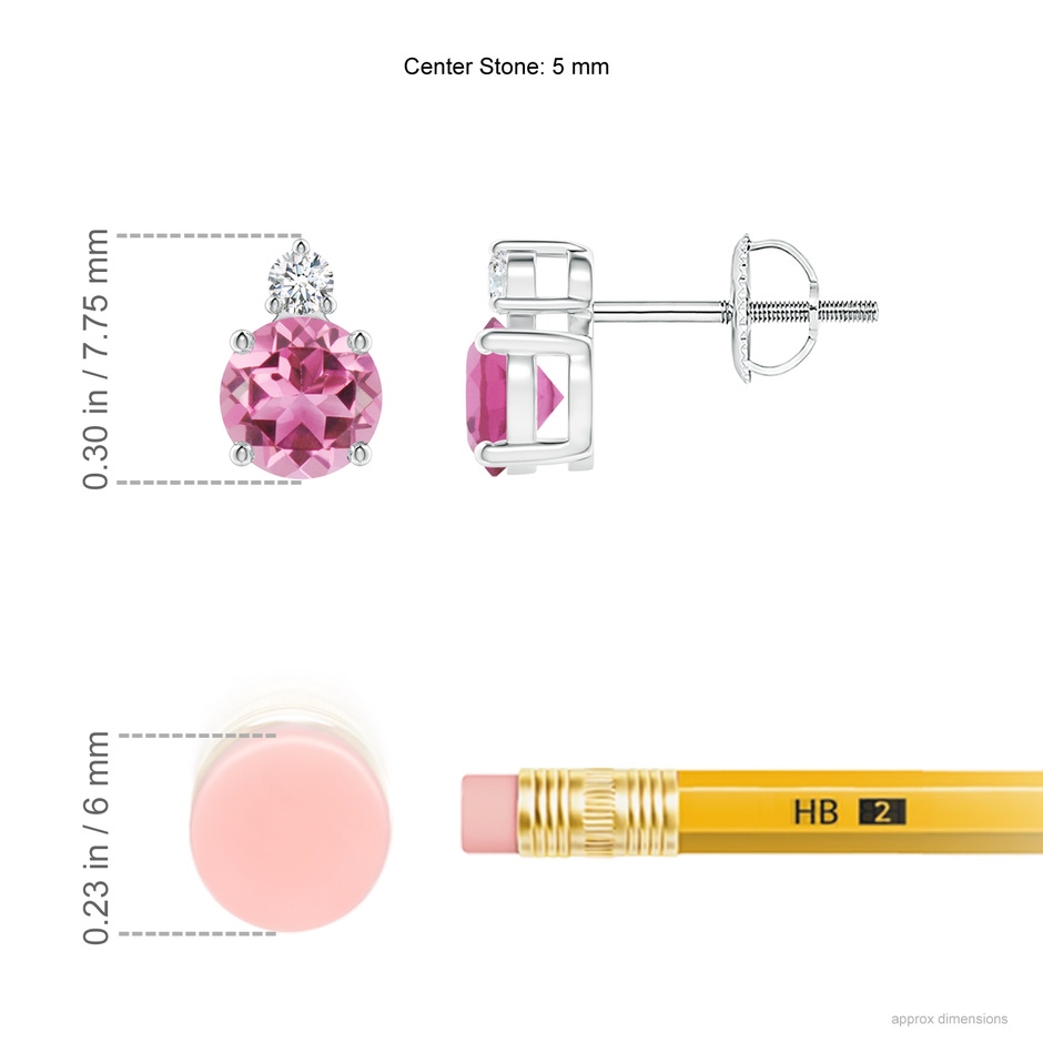 5mm AAA Basket-Set Round Pink Tourmaline Stud Earrings with Diamond in White Gold ruler