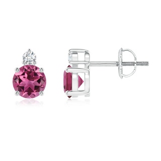 5mm AAAA Basket-Set Round Pink Tourmaline Stud Earrings with Diamond in P950 Platinum