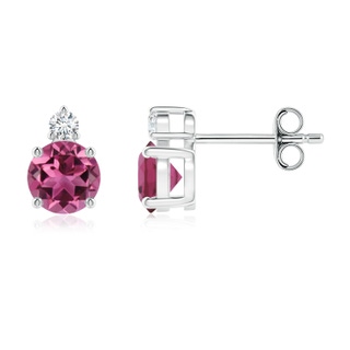 5mm AAAA Basket-Set Round Pink Tourmaline Stud Earrings with Diamond in S999 Silver