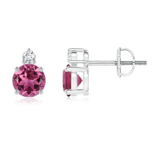 5mm AAAA Basket-Set Round Pink Tourmaline Stud Earrings with Diamond in White Gold